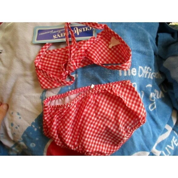 Vintage 1980's GIRLS 3 Bikini 2-Piece swim suit RED CHECKER CASTAWAYS NOS - Picture 2 of 4